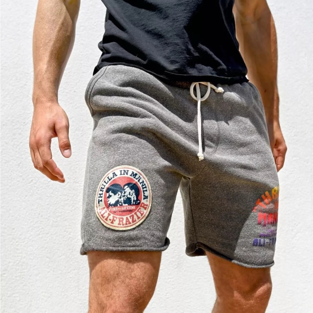 Men's Gray Athletic Shorts with Graphic Patches